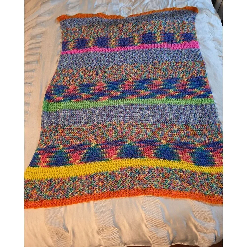 Vintage Handmade Colorful Space Dye Afghan Knit Crochet Throw Blanket Cottage Gr